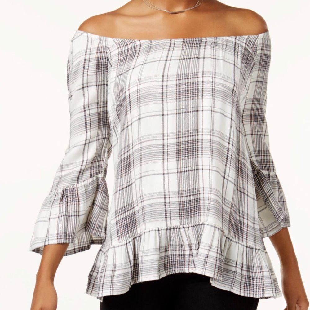 Style & Co Black, White, and Rose Gold Plaid Shirt